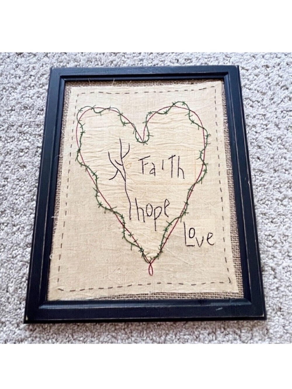 Primitive Stitchery "Faith Hope Love" Wall Hanging Framed Folk Art Cottage Retro